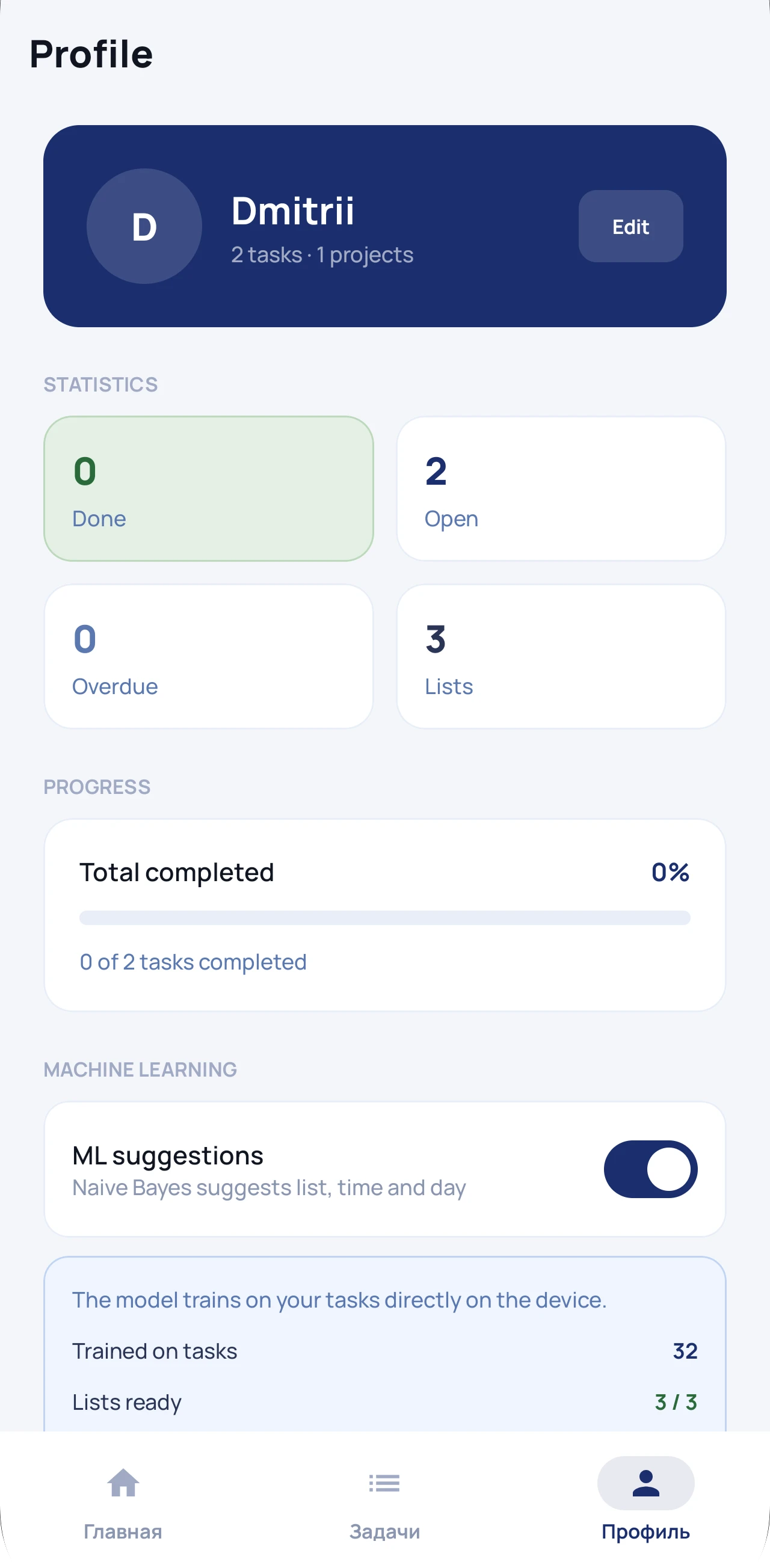 Taskpal profile screen with model stats